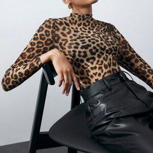 Brown Casual Women's Leopard Print Mesh Top